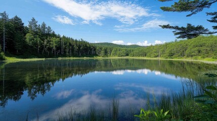 Obraz premium Blue Pond in Hokkaido with clear, calm blue water and standing trees, the reflection of the sky and forest creating a serene, dreamlike scene.
