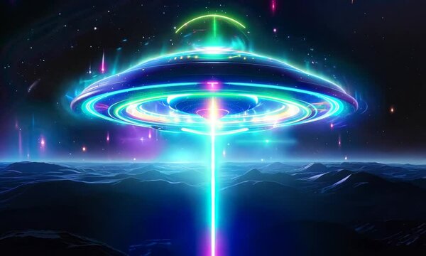 mystery futuristic ufo shining in neon colors