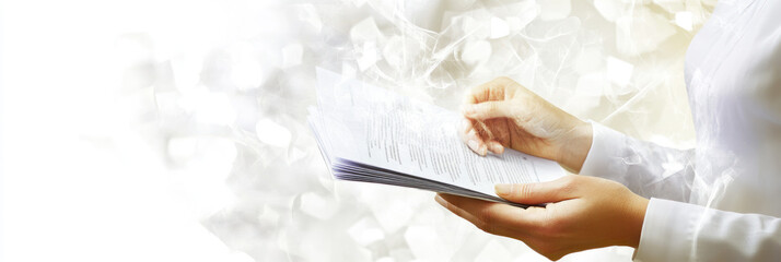 Fototapeta premium Hands holding a document with a soft, blurred background.