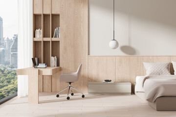 Modern bedroom featuring a wooden desk, shelves, chair, and bed. Large window offers a city view. Neutral tones create a minimalist and serene ambiance. 3D Rendering