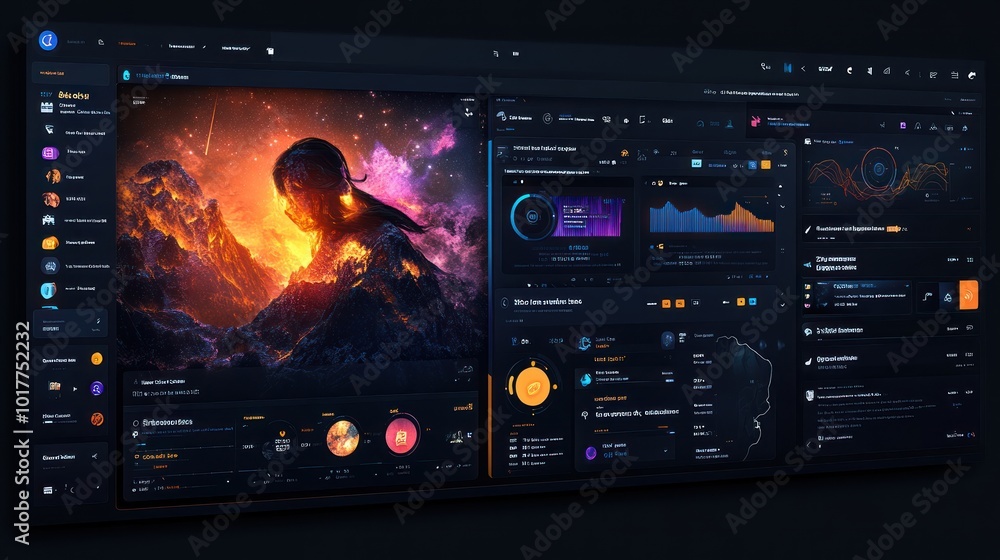 Poster dark mode dashboard ui design with a surreal background