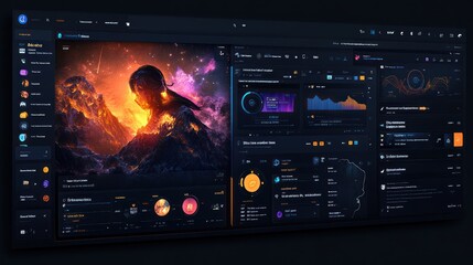 Obraz premium Dark Mode Dashboard UI Design with a Surreal Background