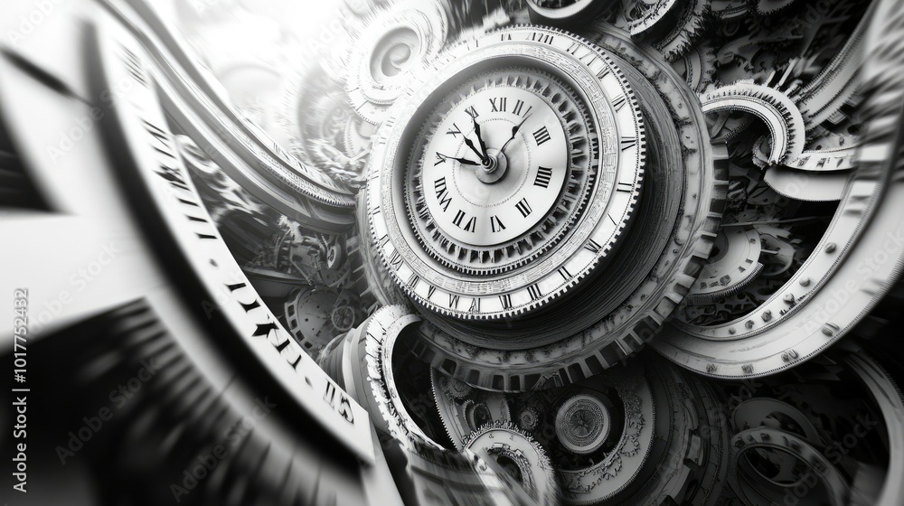 Poster gears, cogs, and clock hands converging into a vortex, representing the infinite spiral of time.