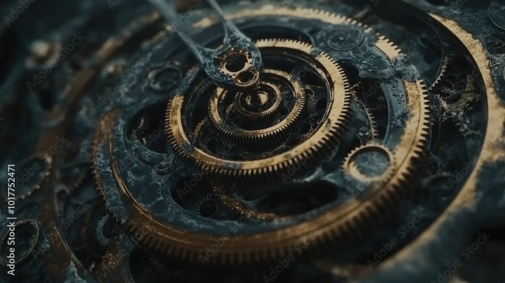 Poster gears, cogs, and clock hands converging into a vortex, representing the infinite spiral of time.