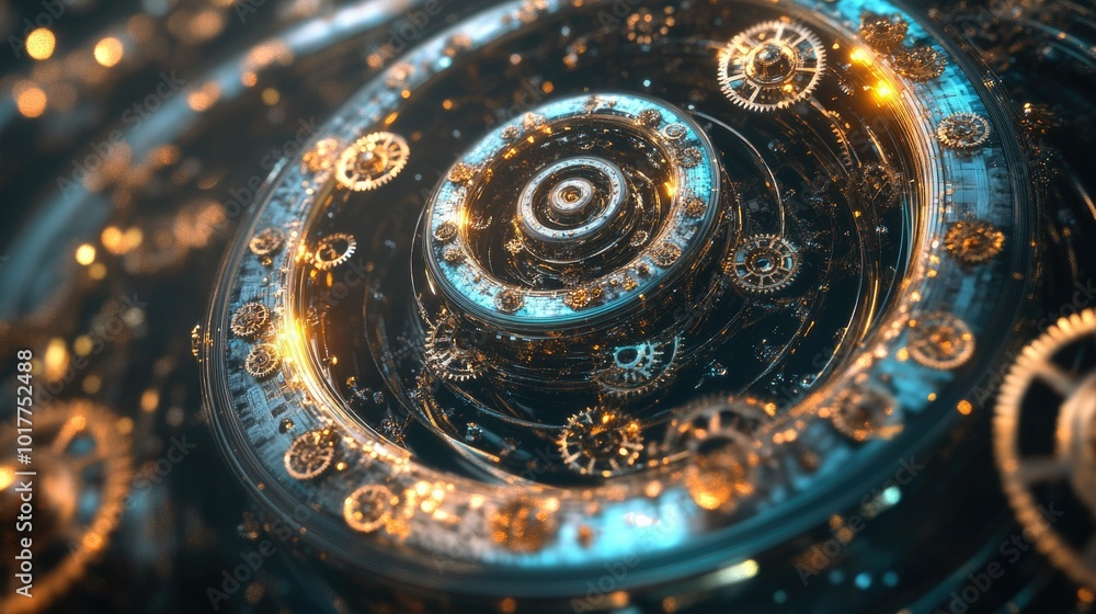 Poster gears, cogs, and clock hands converging into a vortex, representing the infinite spiral of time.