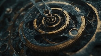 Gears, cogs, and clock hands converging into a vortex, representing the infinite spiral of time.