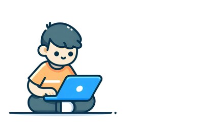 Boy using laptop, cartoon illustration