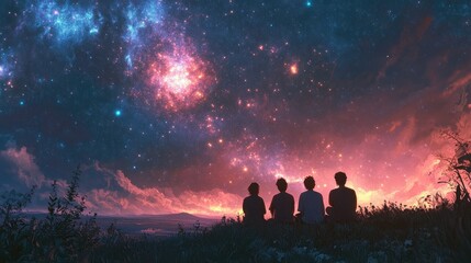 Fototapeta premium Group of friends sitting outdoors, watching a starry night sky with glowing stars and a vibrant galaxy.