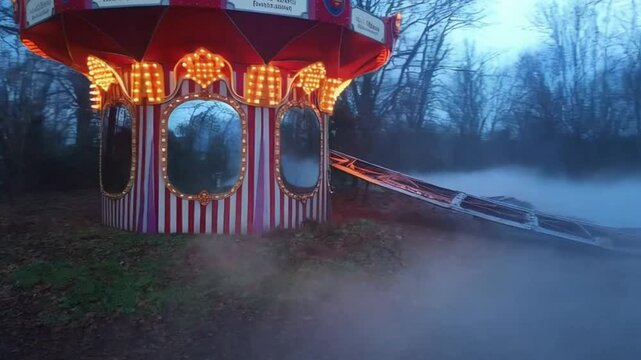 "Creepy carnival with broken rides, fog rolling in, and haunted funhouse mirrors reflecting distorted figures"