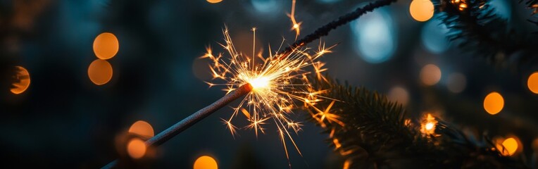 Sparkler lighting up a festive atmosphere during a celebration at twilight with colorful bokeh in the background. Wide web banner.