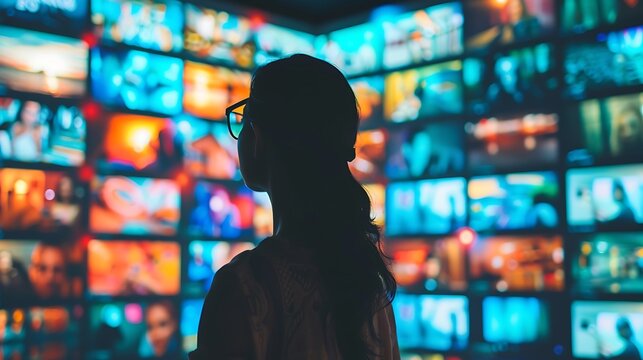 Woman in silhouette stands in front of a wall of screens. The screens are lit up with colorful images, creating a feeling of overwhelming information.