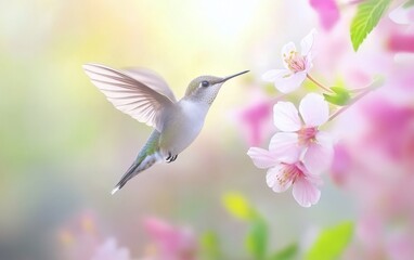 Obraz premium A delicate hummingbird hovers near pink flowers, showcasing the beauty of nature in a serene setting.