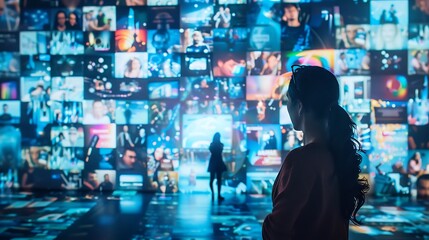 Woman standing in front of large video wall with multiple screens for representing information monitoring visual data analysis control center and digital display technology concept.
