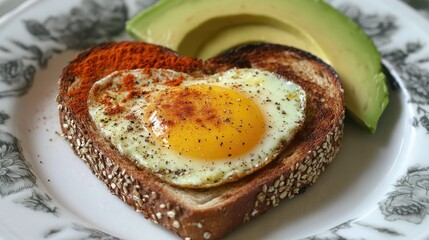Heart egg on whole grain toast, sprinkled with spices and side of sliced avocado.