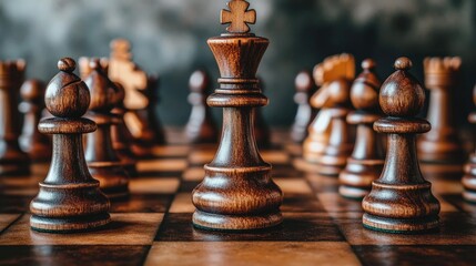 Fototapeta premium Chess pieces poised for strategic moves on a polished chessboard. The game is in progress, symbolizing focus and skill in tactical thinking.