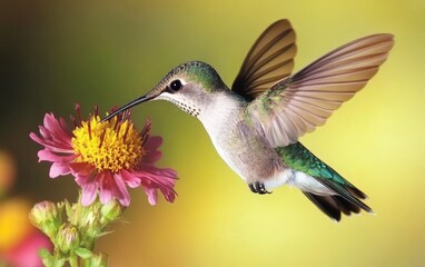 Fototapeta premium A hummingbird hovering near a vibrant flower, showcasing nature's beauty and the interaction between pollinators and plants.