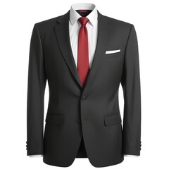 A black suit jacket with a white shirt and red tie