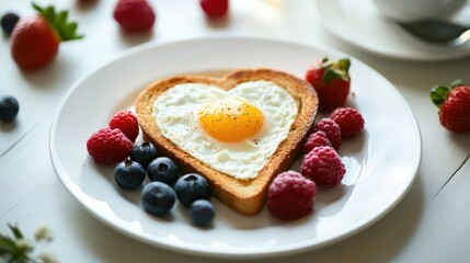 Heart-shaped fried egg toast, surrounded by morning coffee and fresh berries.