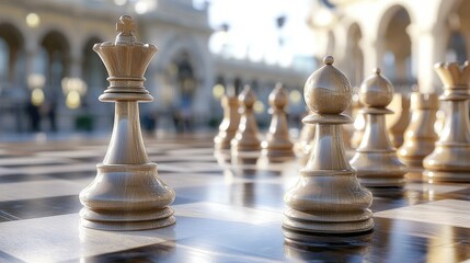 Chess pieces positioned for a critical move on the chessboard. The clean design focuses on the intellectual challenge and tension of the game.