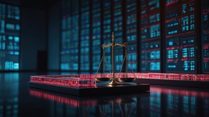 Golden scales of justice in a futuristic server room with red glowing lights.