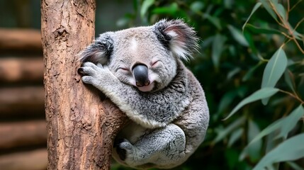 Fototapeta premium A Sleepy Koala Hanging on a Tree Branch with a Calm and Peaceful Expression