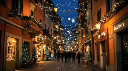 Naklejka premium Christmas lights illuminate the buildings and streets of Riva del Garda at night, creating a festive holiday scene with twinkling lights and holiday shoppers.