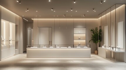 Chic and Sophisticated Modern Jewelry Store Interior with Glass Cases Soft Lighting and Security Desk