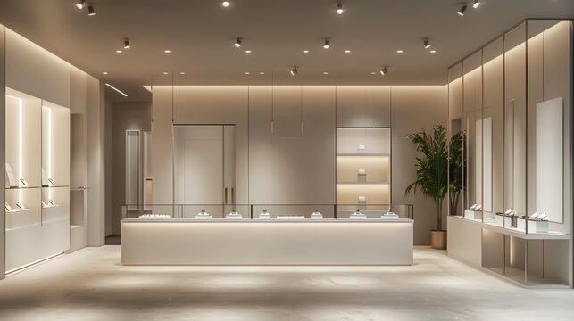 Chic and Sophisticated Modern Jewelry Store Interior with Glass Cases Soft Lighting and Security Desk