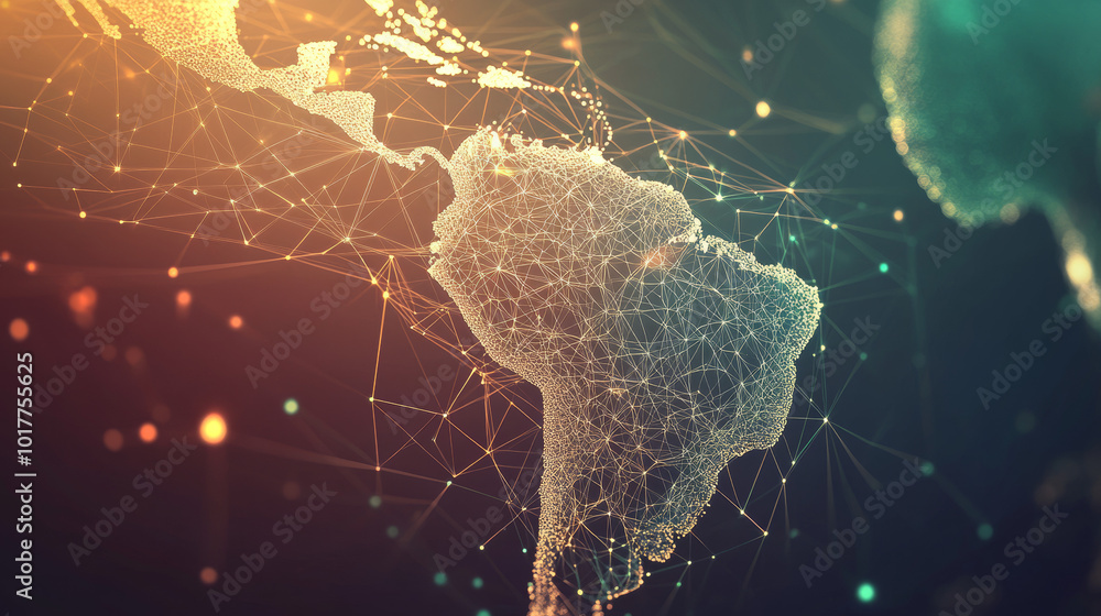 Poster glowing, abstract image of south america seen from space.continents are outlined,showing how connect