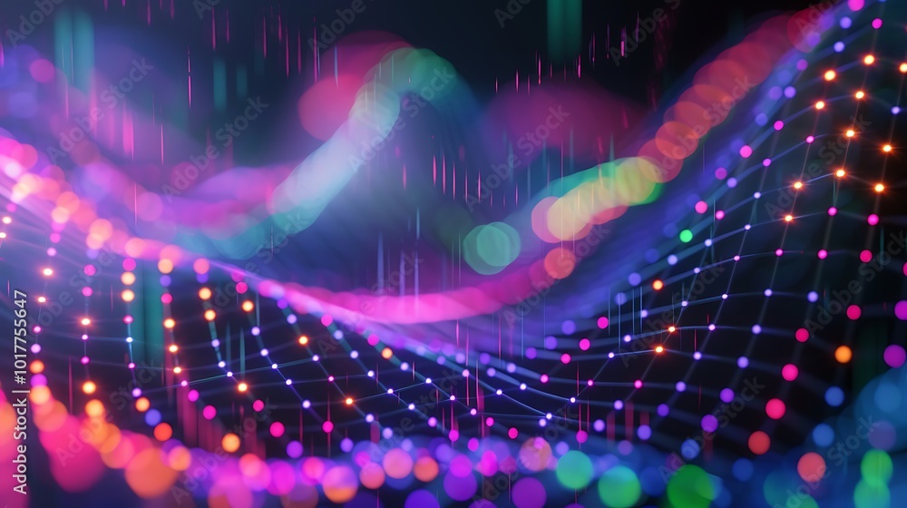 Poster digital abstract art piece with neon lights and a bokeh effect, creating a vibrant and futuristic vi