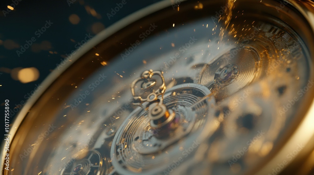 Poster old-fashioned pocket watch disintegrating into spirals, showcasing the continuity of time.