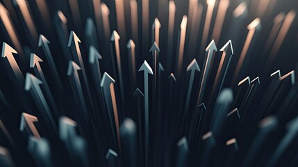 Cluster of 3D arrows all shooting upwards, illustrating business growth, progress, and financial success. Spacious design with room for copy or branding.