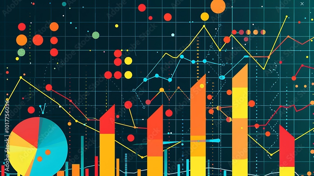 Poster abstract data visualization chart with different graphs and indicators.