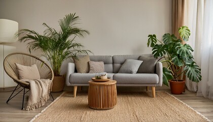 Modern and bohemian composition of interior design with gray sofa, rattan armchair, wooden cube, plaid, pillow, tropical plants, small table and elegant accessories. Stylish home decor. Template.