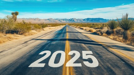 Lonely Highway Stretching into the Horizon with 2025 Signage