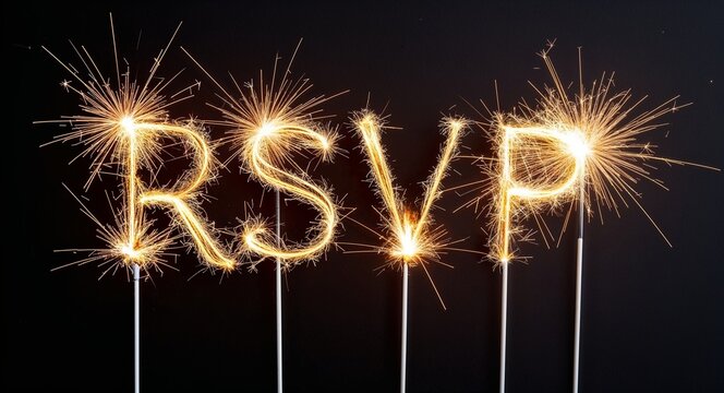 rsvp lettering sparkler sparks on plain black background