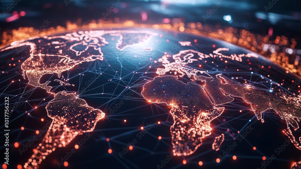 Poster a futuristic vision of the world connected, showing a glowing earth map with lines representing digi