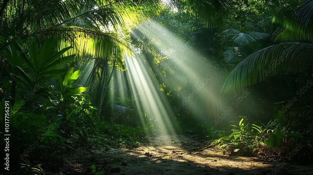 Aufkleber sun rays filtering through lush foliage in a tropical jungle, illuminating a path leading deeper int