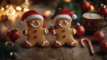 Two gingerbread men wearing Santa hats, a cup of coffee, and Christmas ornaments on a wooden table.
