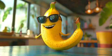 Banana with Sunglasses on Yellow Background