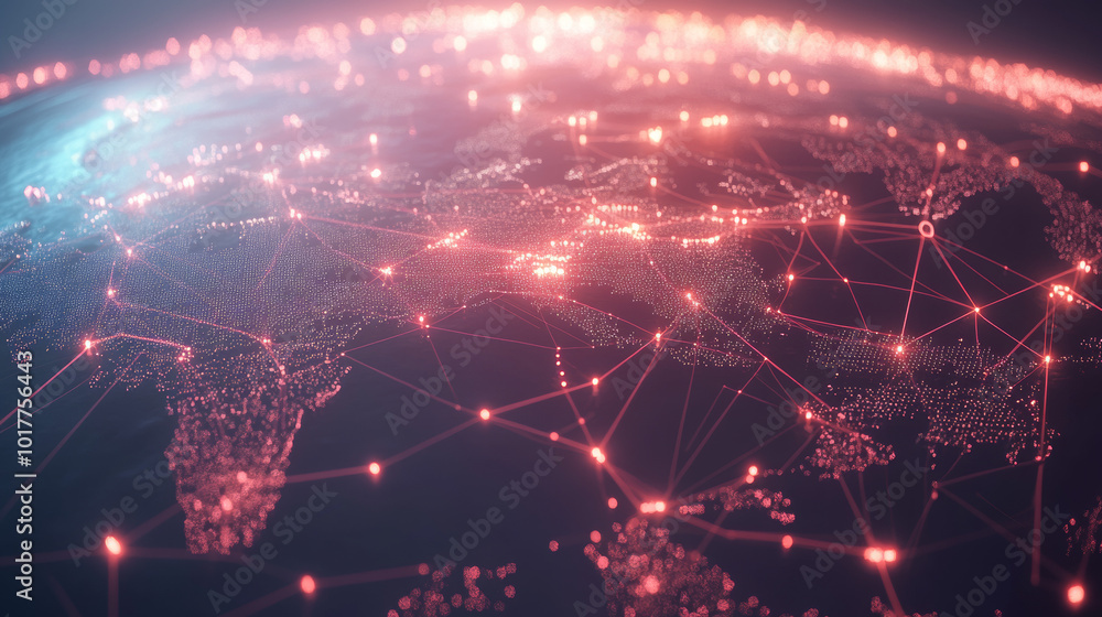 Poster a futuristic vision of the world connected, showing a glowing earth map with lines representing digi