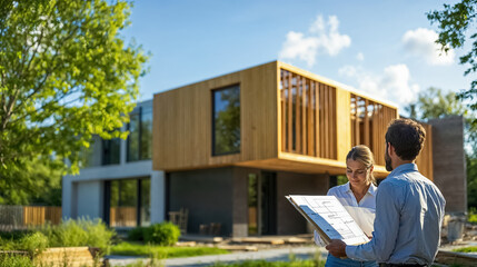 un couple regarde les plans de la maison qu'ils sont en train de bâtir en arrière-plan