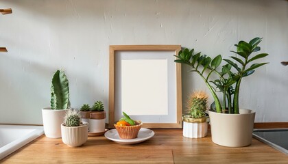 Stylish and sunny interior of kitchen space with small wooden table with mock up photo frame, design cups and tasty dessert. Scandinavian room decor with kitchen accessories, cacti and plants.
