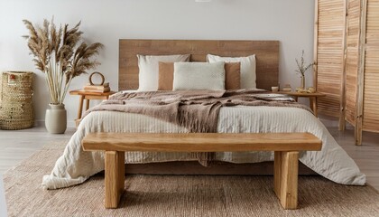 Wooden bed in stylish neutral bedroom interior with design furniture, decoration, carpet, bench, dried flowers in vase, bed sheets, blanket, pillows and elegant personal accessories in home decor.