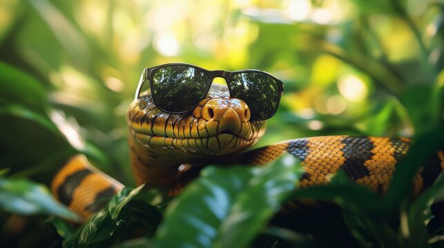 A snake is wearing sunglasses and standing in a green bush