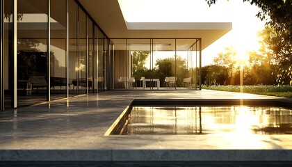 Fototapeta premium Modern Architecture with a Pool and Sunset