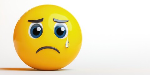 Fototapeta premium A sorrowful smiley face adorned with big expressive eyes and a single tear captures the essence of sadness in a minimalist style against a soft white background