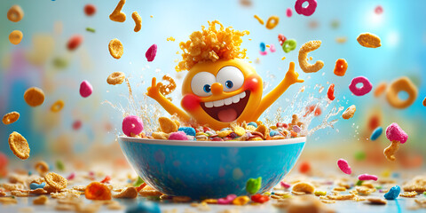 Joyful Cereal Character Splashing in Milk