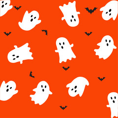"Spooky Halloween design featuring a white ghost and black bats against a vibrant orange background. This playful and eerie illustration is perfect for seasonal wallpapers, party invites.