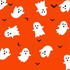 "Spooky Halloween design featuring a white ghost and black bats against a vibrant orange background. This playful and eerie illustration is perfect for seasonal wallpapers, party invites.